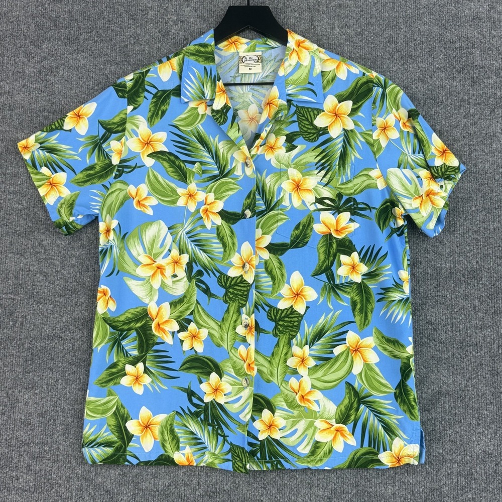 Go Barefoot Hawaiian Shirt Womens M Blue Floral Rayon Camp Aloha Made USA